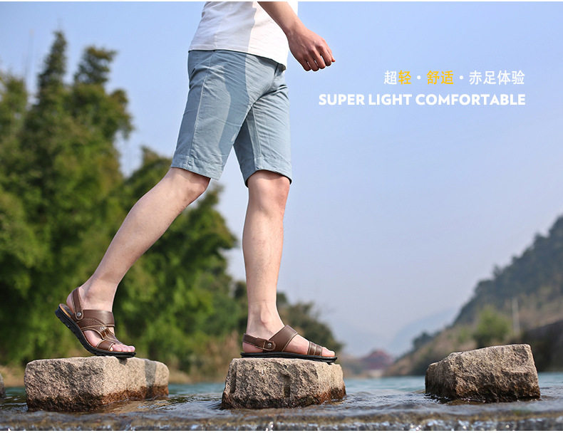 Dép sandal nam da bò thật hở ngón, quai ngang co giãn, đế PU chống trượt thoáng khí đi biển — 10135 đế dày màu nâu, 10135 đế dày màu đen, 12129 màu đen, 12129 vàng nâu chi tiết 3
