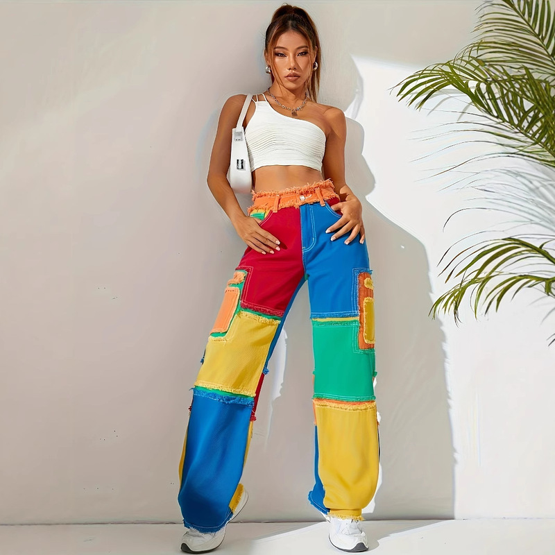 Denim Straight-Leg Pants for Women, Colorfulful Colorful Matching, American Trendy High-Waisted Slimming Look Loose Denim Length 18101