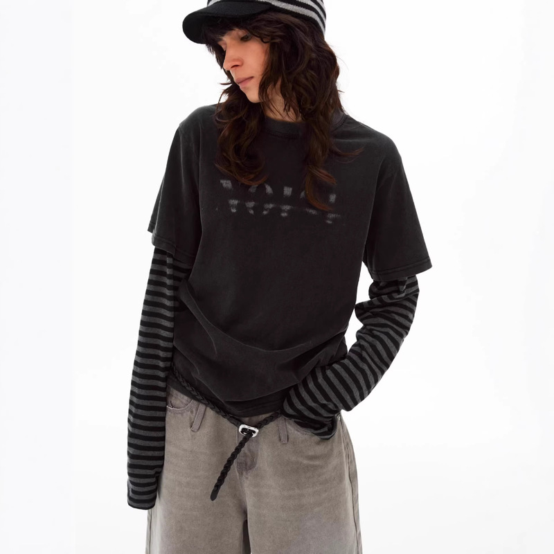 American-Style Fake Two-Piece Long-Sleeve T-Shirt, Unisex Casual Loose Retro Distressed Washed Sweatshirt, Plus-Size Trendy Brand