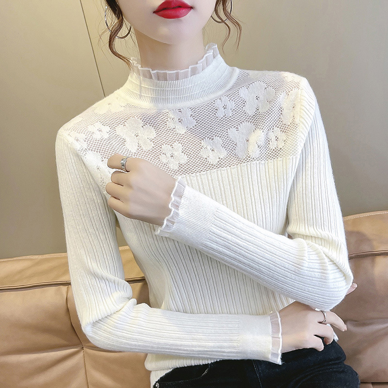 3 색 하프 하이 칼라 베이스 셔츠 가을 새로운 여성의 유행 모든 매치 긴팔 레이스 꽃 풀오버 스웨터
