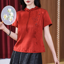 真丝上衣女士妈妈装高端香云纱桑蚕丝2025年新款夏季短袖修身衬衫