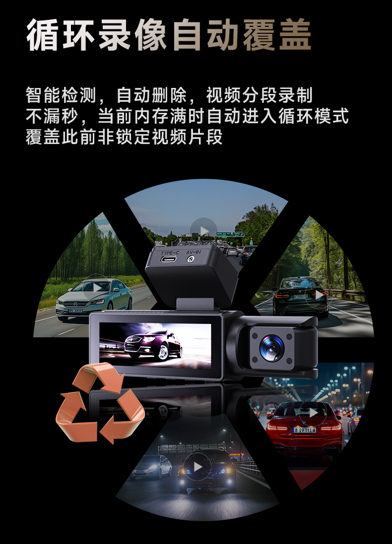 Three-Way In-Car Monitoring Dashcam with No-Wiring 4K High-Definition Dual Front and Rear Cameras, 3.2inch Screens, Wifi Connectivity