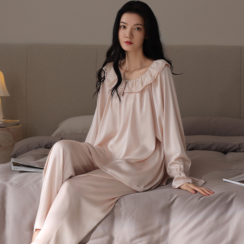 Women's Pajamas Spring and Autumn Ice Silk Long-Sleeve Pullover 2026 New Summer Thin Imitation Silk Loungewear Set Women's Pajamas Spring and Autumn Ice Silk Long-Sleeve Pullover 2026 New Summer Thin Imitation Silk Loungewear Set