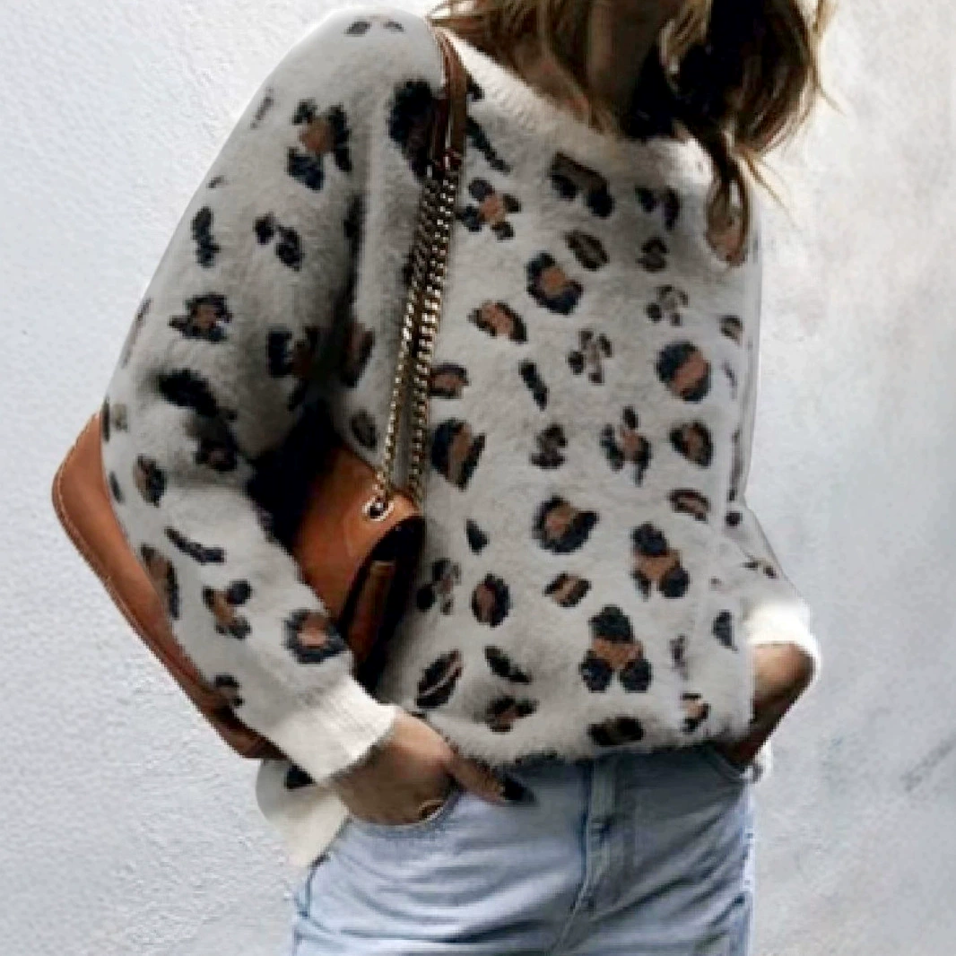 Внешняя торговля Трансграничная Европа и США Амазонка Источник свитер с длинными рукавами и круглым вырезом пуловер с леопардовым принтом повседневный вязаный свитер осень-зима