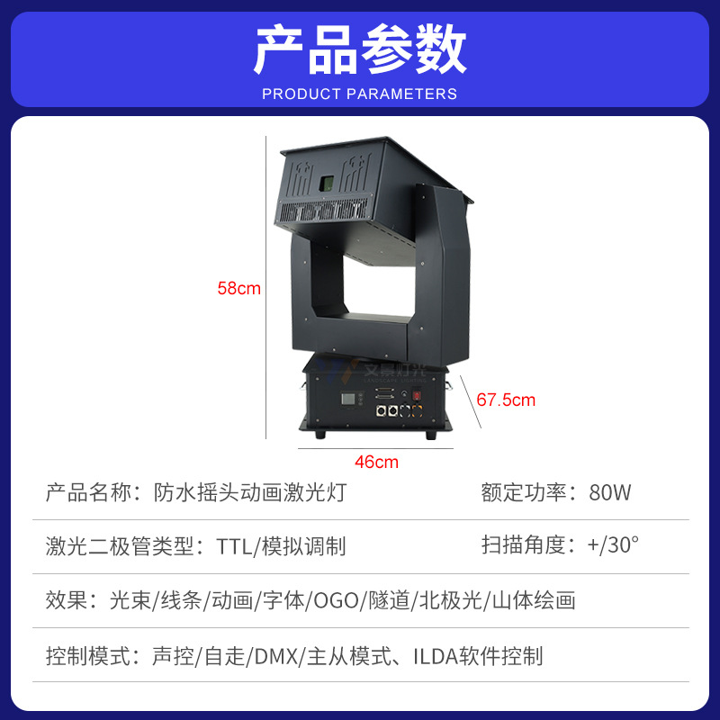 Wenjing luz láser de animación de sacudida de cabeza impermeable de alta potencia iluminación escénica al aire libre luz láser de techo al aire libre emblemática