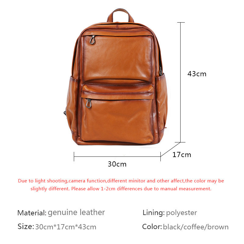 Ba lô nam da bò cổ điển dung tích lớn 36–55L, ngăn đựng laptop 15.6 inch, 30×17×43 cm — Màu cà phê, Màu nâu, đen chi tiết 4