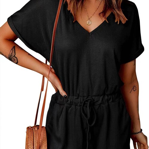 Women's Summer European and American Fashion Hot Selling Casual V-Neck Flared Sleeve Pocket Bodysuit