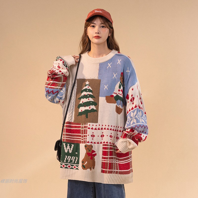 Explosiones transfronterizas de tamaño europeo de tamaño grande empalme camiseta de punto suéter hombre Navidad atmósfera oso otoño invierno fábrica al por mayor