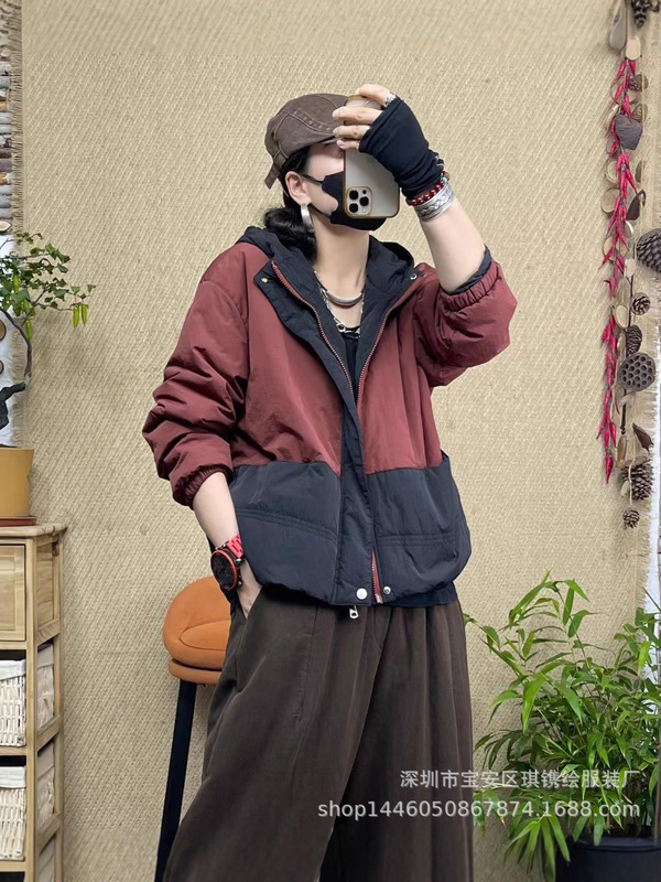 琪镌绘制棉服女冬季新款棉衣韩版宽松连帽拼接松紧袖口小棉袄外套|undefined