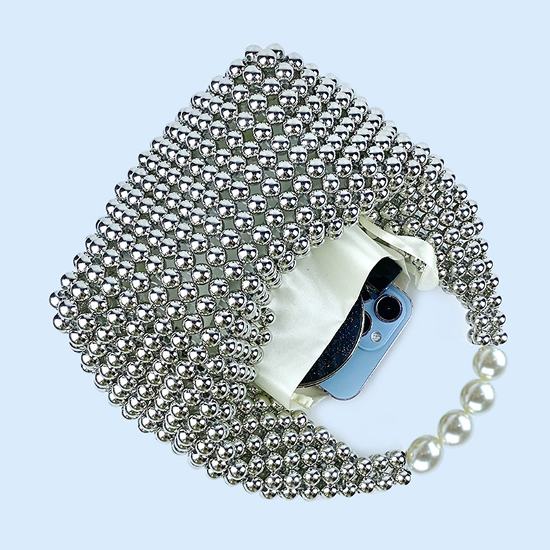 412g Weight Polyester Lining Material Beading Fashion Element String Closure Type Top Handle Strap Type Bucket Bag Bags Type Daily, Street, Shopping Occasion Plastic Material New Year Festival Solid Color Pattern All Seasons Season Women's Gender Elegant, Streetwear Style Pillow Shape Shape Small Size Women's Small Plastic Solid Color Elegant Streetwear Beading Pillow Shape String Bucket Bag 3