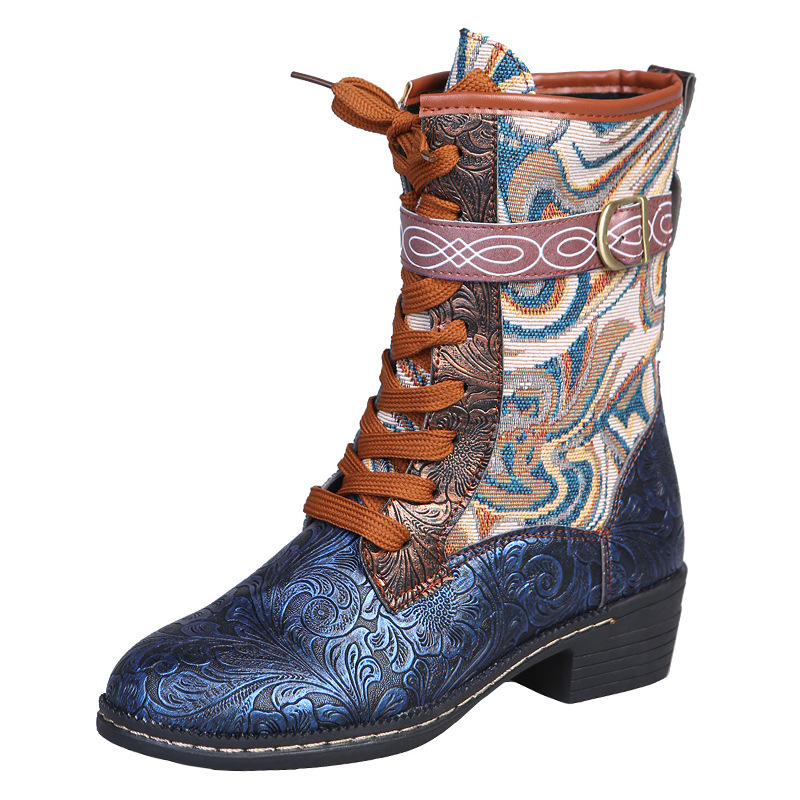 Ethnic Style Mid-tube Embroidered Martin Boots Wholesale Thick Heel 43 Large Size Round Head Color Matching Color Women's Leather Boots In Stock
