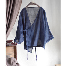 夏季汉服改良偏襟压皱苎麻棉复古怀旧里外系带防晒小衫上衣2476