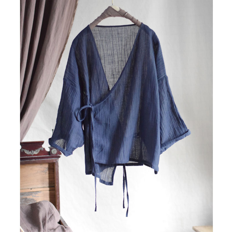 夏季汉服改良偏襟压皱苎麻棉复古怀旧里外系带防晒小衫上衣2476
