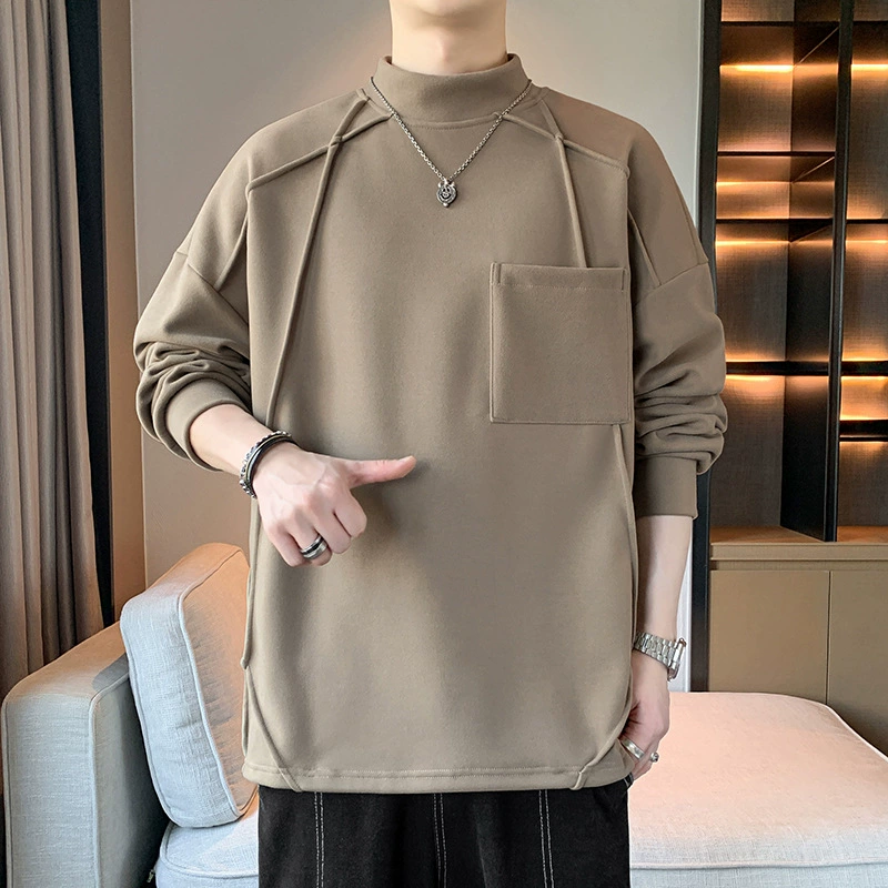 Весенне-осенне-зимняя теплая высококачественная толстовка с высоким воротником для мужчин, новинка 2025 года, модная модная однотонная футболка с длинными рукавами