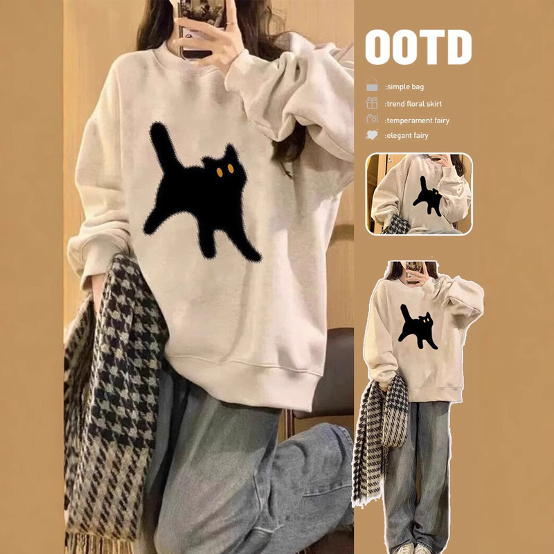 American Retro Oversize Round Neck Sweatshirt for Women 2025 New Spring and Autum Gray Velvet Early Autum Jacket Top