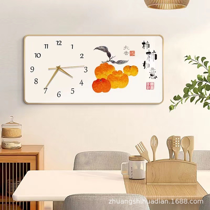 2023 nuevo restaurante pintura decorativa reloj luz comedor de lujo Fondo colgante de pared pintura cálida sala de estar reloj mural de Cristal