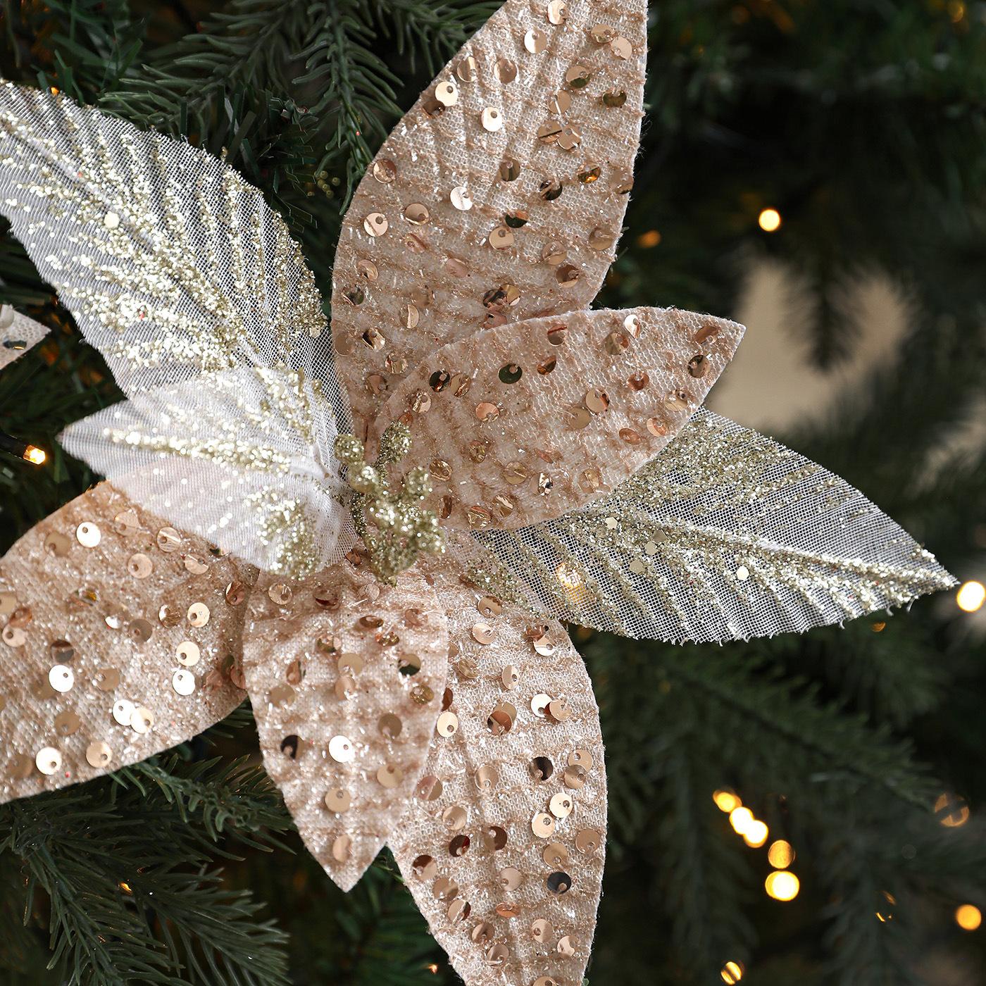 Nuevo producto 26CM tela de alta calidad flores de Navidad polvo de oro flor de polvo de polvo flor de Navidad decoración de caña de corolla