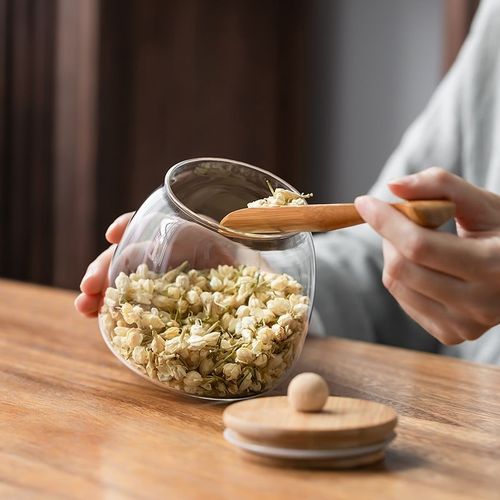 Transparent glass grain storage jar, high borosilicate glass sealed jar with bamboo and wooden cover, round wooden pearl triangle tea jar