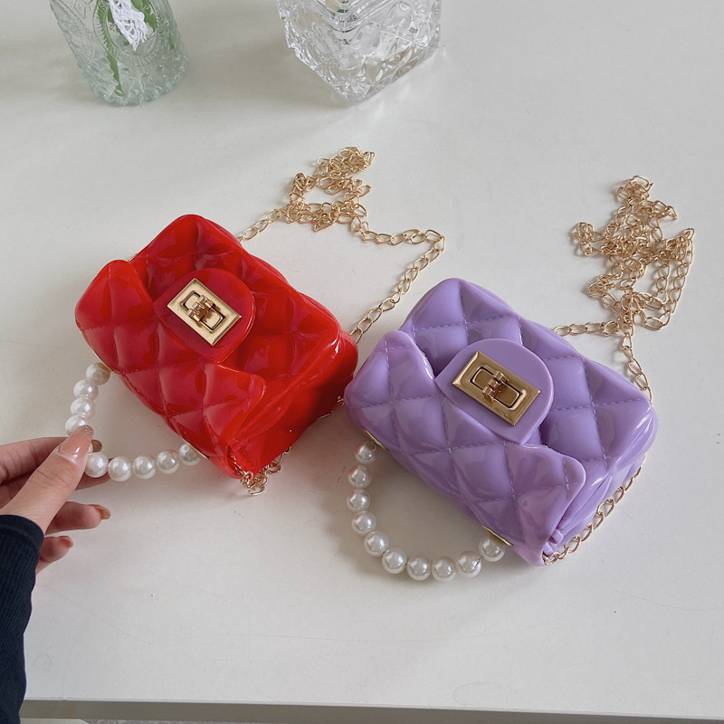 Children jelly bag new spring and summer fashion laptop bag tide take cute pearl chain shoulder inclined cross bags wholesale