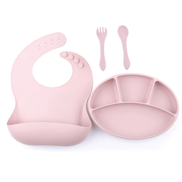 Fuchsia set, bib, dinner plate, fork, spoon, 4 pieces