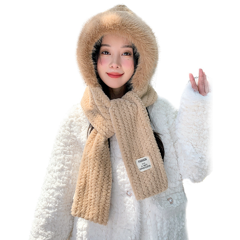 Autumn and Winter Plush Women's Large Headband Windproof Ear Scarf One Piece Hooded Thickened Warm Woolen Hat_voghion.com