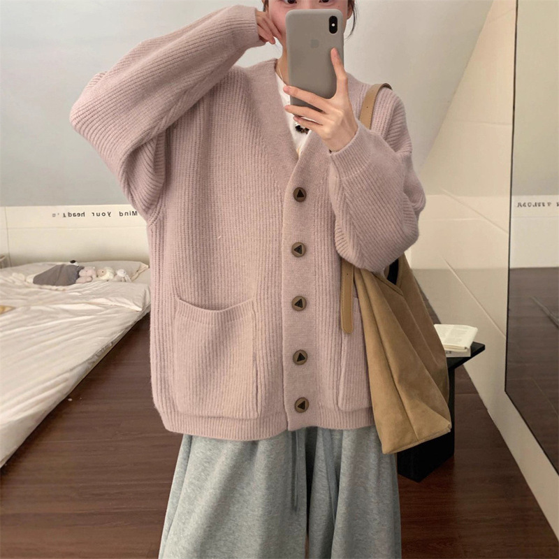 V领纯色毛衣开衫女秋冬季新款高级感加厚宽松慵懒风针织外套上衣|undefined