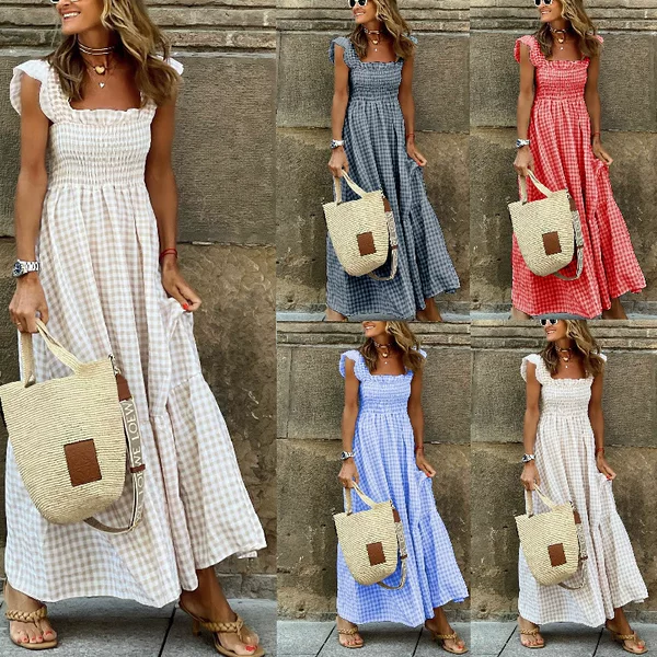 2025 European and American Independent Station Amazon Summer Elegant Women's Wear Collage Plaid Suspender Strap dress