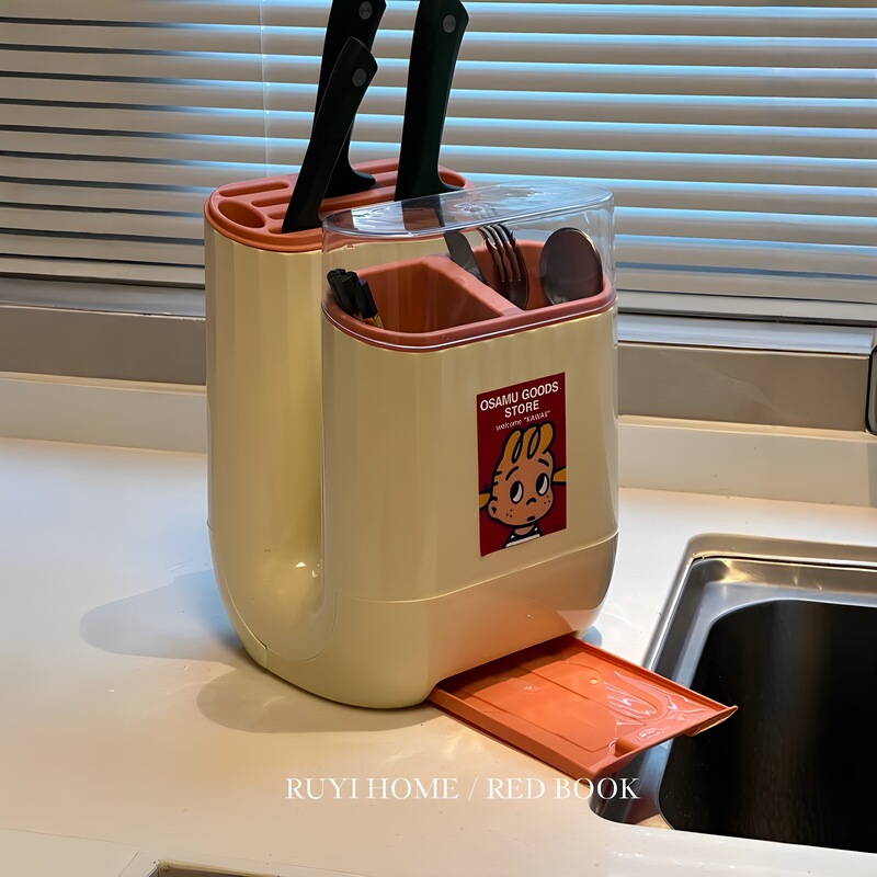 ナイフホルダー収納ラック 2025 新しいキッチンカウンタートップ排水箸チューブナイフまな板一体型収納ラック|undefined