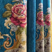 欧式雪尼尔提花窗帘批发绣花高遮光复古成品海宁许村窗帘布料E18