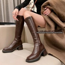 2025年新款街头酷girl帅气百搭高筒骑士靴显瘦方头粗跟不过膝长靴