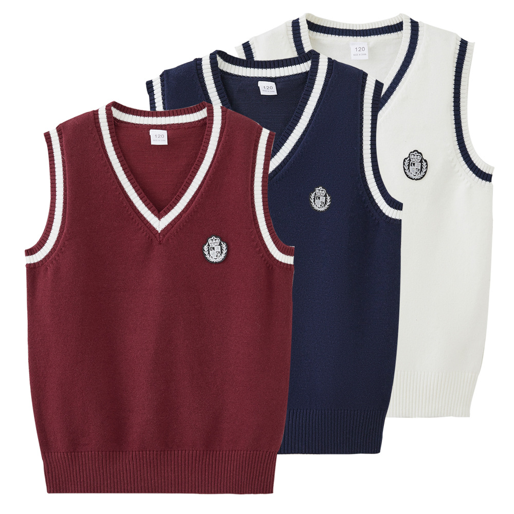 Nuevo estilo transfronterizo primavera y otoño cuello en V color de contraste suéter para niños grandes y medianos chaleco uniforme escolar al por mayor chaleco de punto para niñas