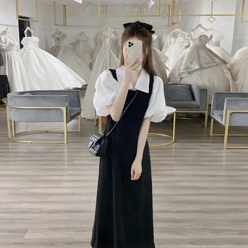 Black Suspender Dress, Summer Dress with a Complete Set of Tea-Style Outfits for Small People, Korean Drama Heroine Two-Piece Suit Black Suspender Dress, Summer Dress with a Complete Set of Tea-Style Outfits for Small People, Korean Drama Heroine Two-Piece Suit