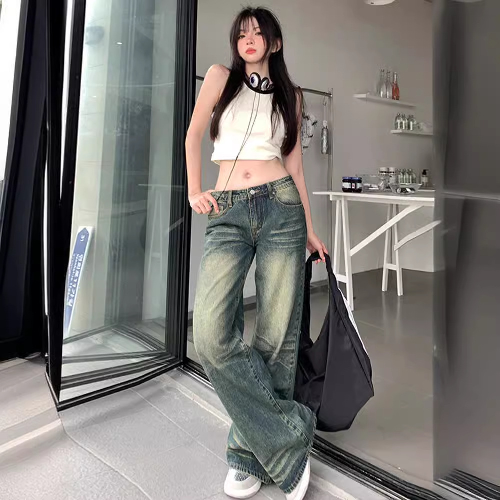 아메리칸 스타일 레트로 뜨거운 소녀 높은 허리 기모 넓은 다리 청바지 여성용 오래 된 느슨한 슬리밍 대비 스트레이트 바지