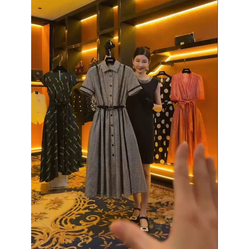 欧洲站南油高端女装夏季小格子天丝棉拼接楼梯格设计大裙摆连衣裙|undefined
