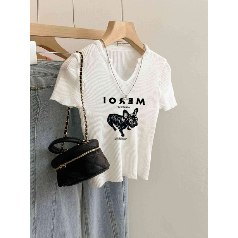ダークグレーニット半袖レディース2025新作VネックショルダーTシャツニッチスリムフィットショートニットセータートップ|undefined