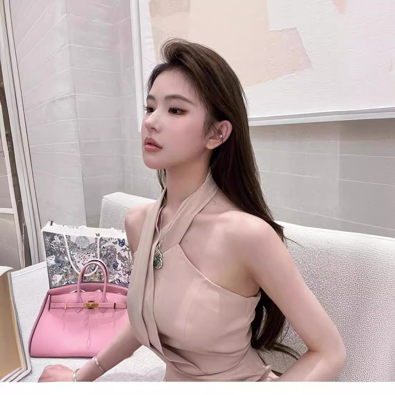 TZ3771 Night Moon Pink Rose Cross Shoulder Sleeveless Neck dress Women's Exquisite Socialite Style Elegant Hip Skirt