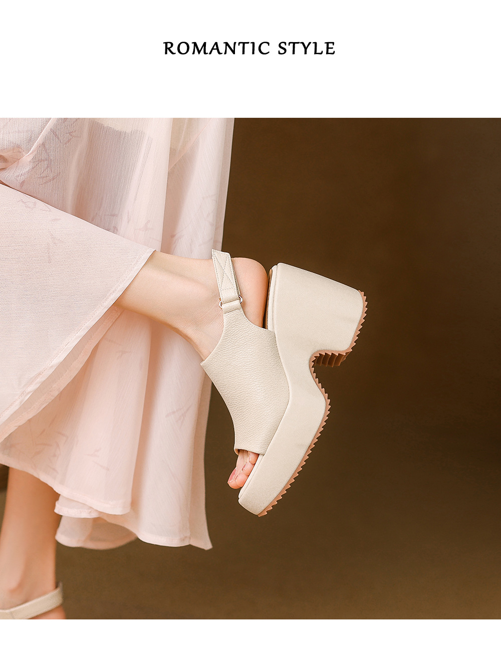 Sandal cao gót nữ hở mũi đế xuồng da bò mềm quai dán — màu trắng ngà, màu mơ chi tiết 10