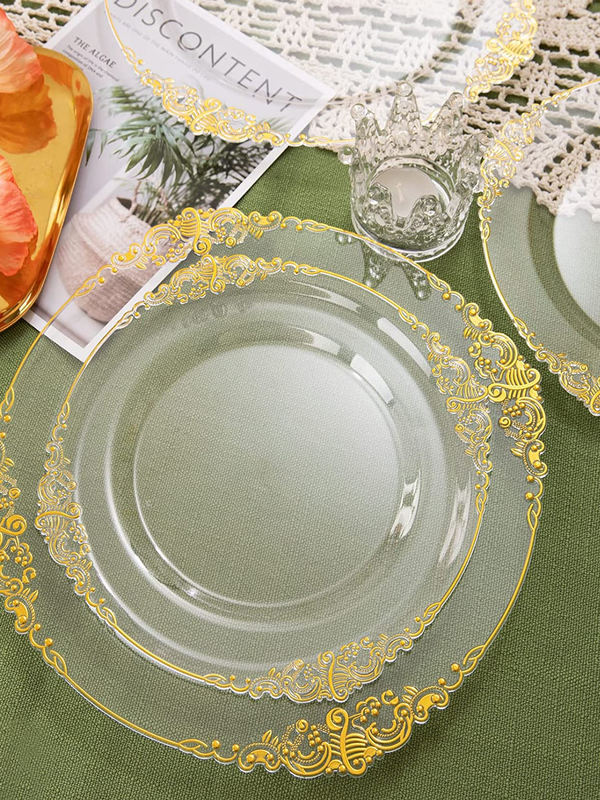 Disposable Plate Embossed Plate Hard Plastic Lace Plate Pink Western Food Knife, Fork and Spoon Reusable