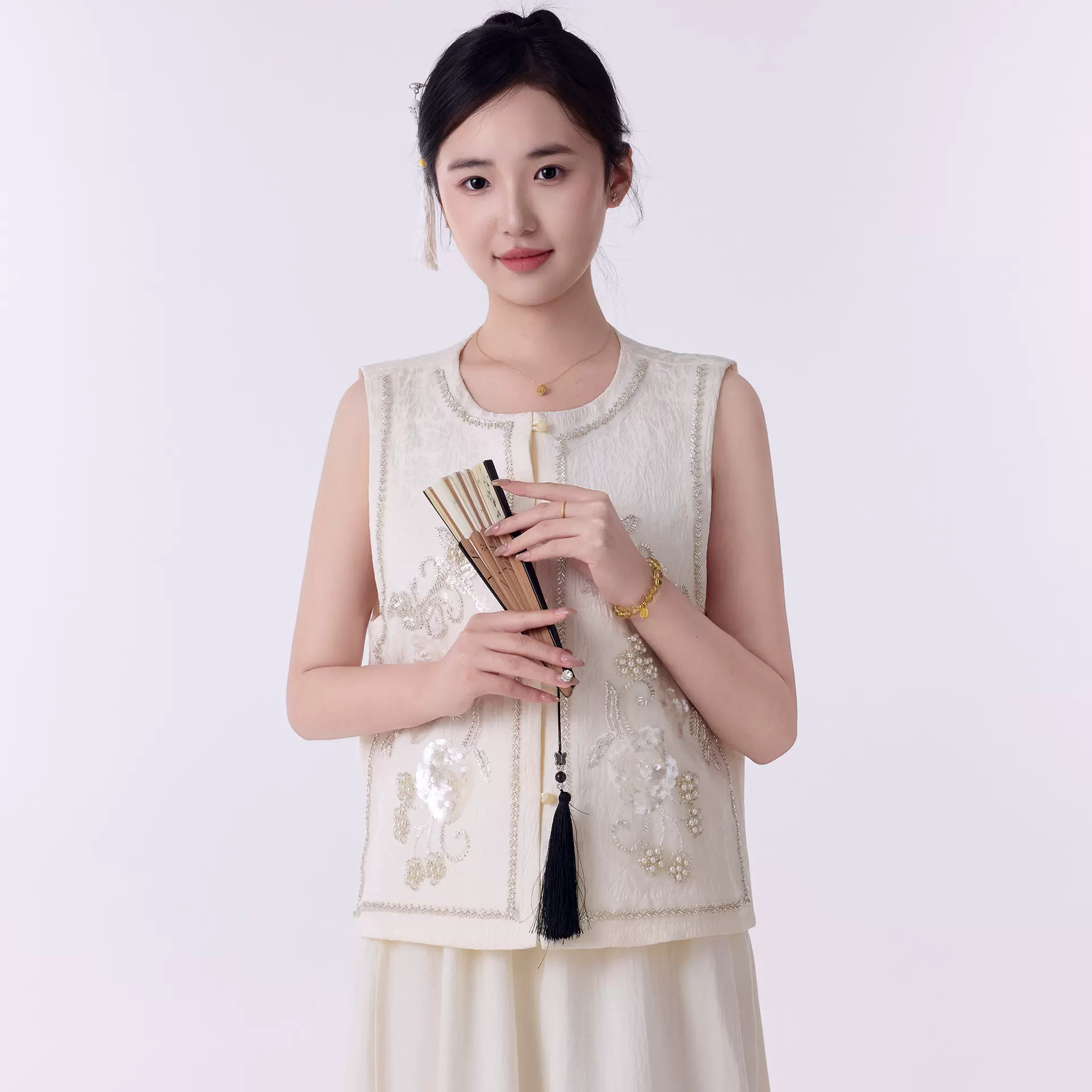 春夏无袖外穿开衫女马甲国风提花清新风复古宽松高级感亮片上衣