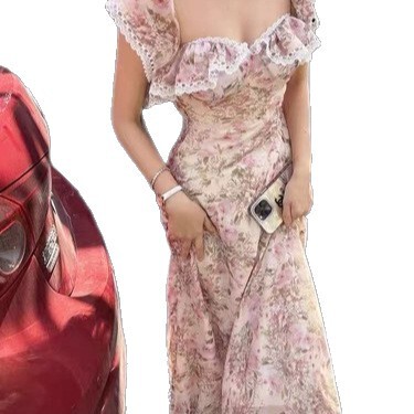 海辺のリゾートスタイルのティーブレイクドレス、女性用バックレス花柄ドレス、夏のウエスト痩身ロングドレス|undefined