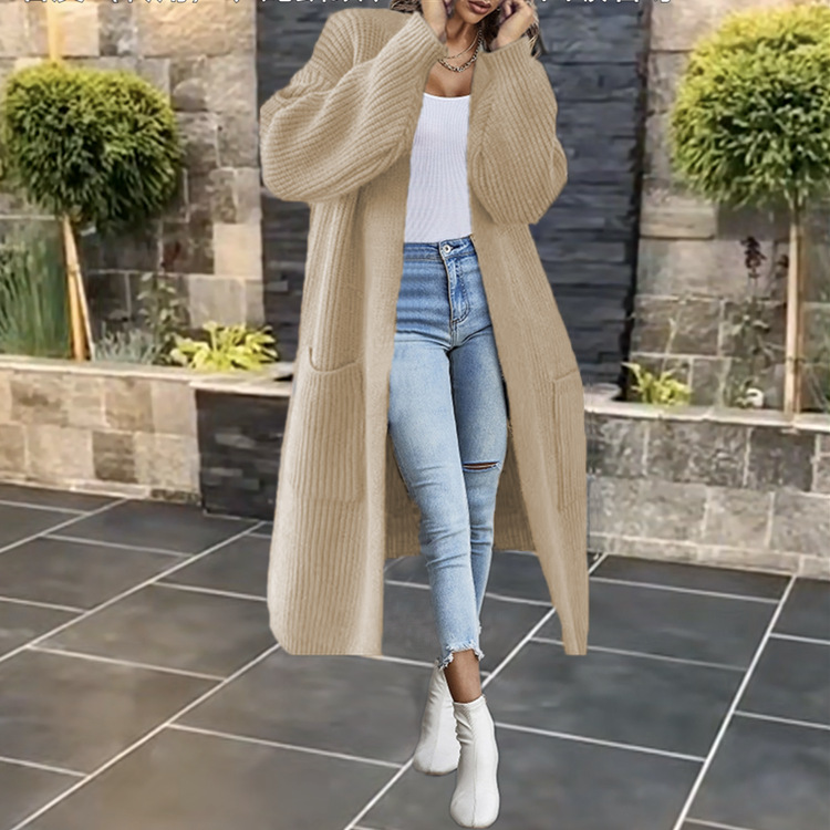 Lockerer, einfarbiger Strickjackenpullover für Damen mit gestrickten Taschen_voghion.com