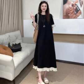 胖大码夏季拼接款撞色木耳边恤裙气质显瘦连衣裙子女长裙斤