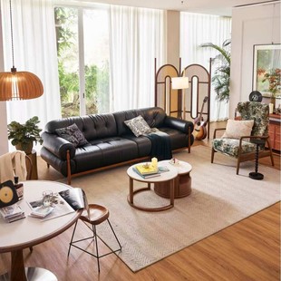 Vintage Leather Sofa Piano Keys Straight Row Living Room French Antique Black Top Layer Cowhide American Style 2025 New