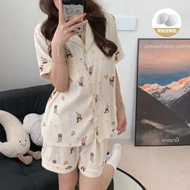 云朵棉带胸垫睡衣女夏季两件套 翻领卡通可爱短袖短裤家居服