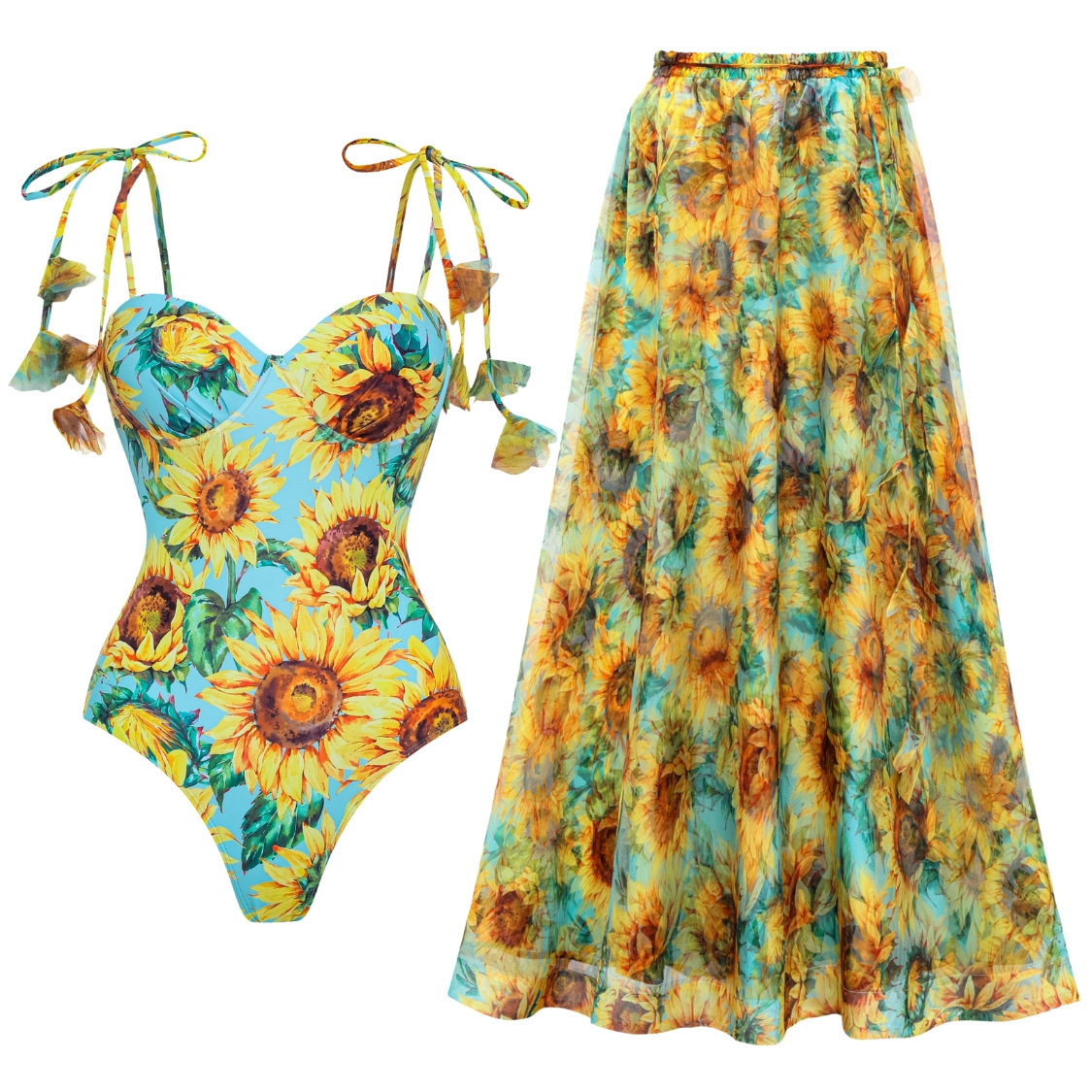 Traje de baño de una pieza para mujer con estampado de girasoles, vestido de playa con tiras cruzadas, sexy y sencillo, de nailon y poliéster, ideal para el verano._voghion.com