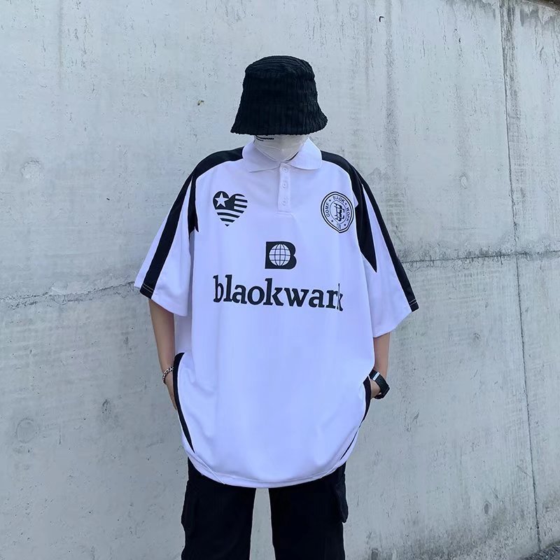 High Street American retro manga corta Camiseta hombres ins suelta costura motocicleta impresa pareja Polo camisa