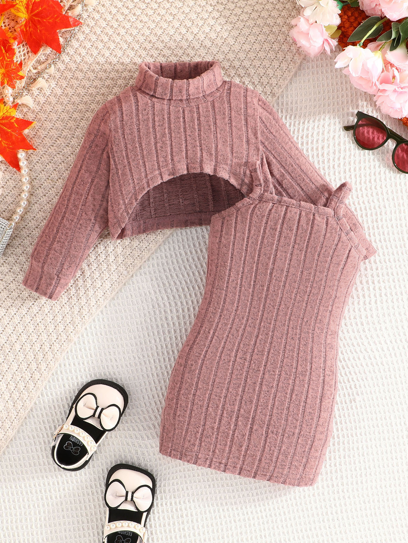 Mädchen Strickoberteil Und Rock Set Langarm Herbst Outfit_voghion.com