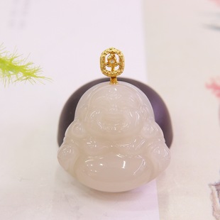 Fubei Diamond Jewelry [18K Gold Inlaid with Natural Hetian Jade and Lotus Root Powder Buddha] the Bare Stone Is about 30*30mm Thick and 9.8mm
