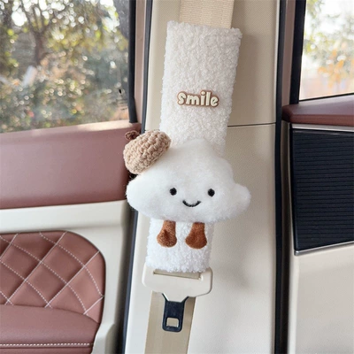Pads, Cute Cartoon Dolls, Seat belt shoulder pad - white-plush-shoulder-pad-white-cloud-beige-beret
