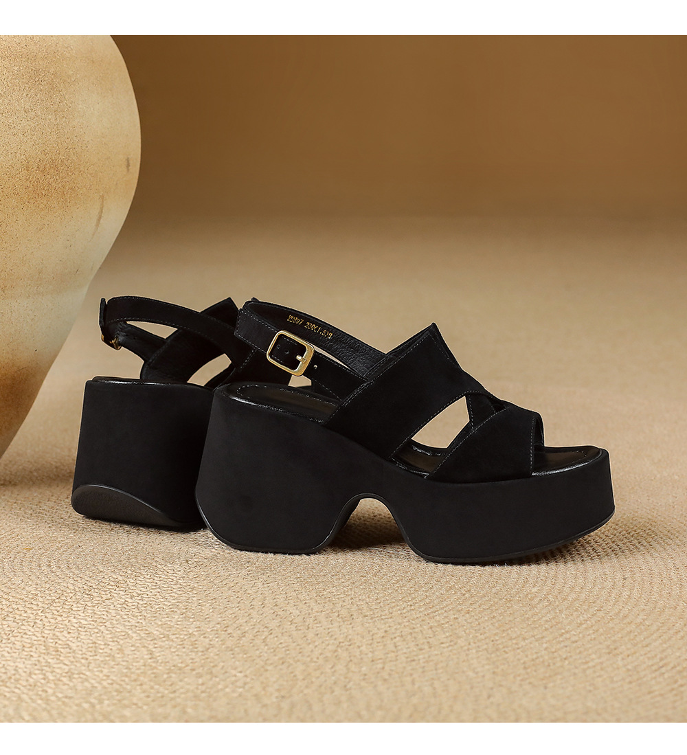 Sandal cao gót nữ đế platform da lộn quai ngang gót 9 cm — Da cừu đen lật, Da cừu đen chi tiết 14